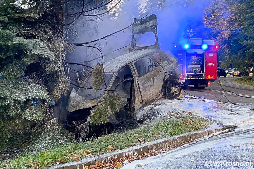 Uderzył w drzewo. Samochód stanął w płomieniach Uderzył w drzewo. Samochód stanął w płomieniach