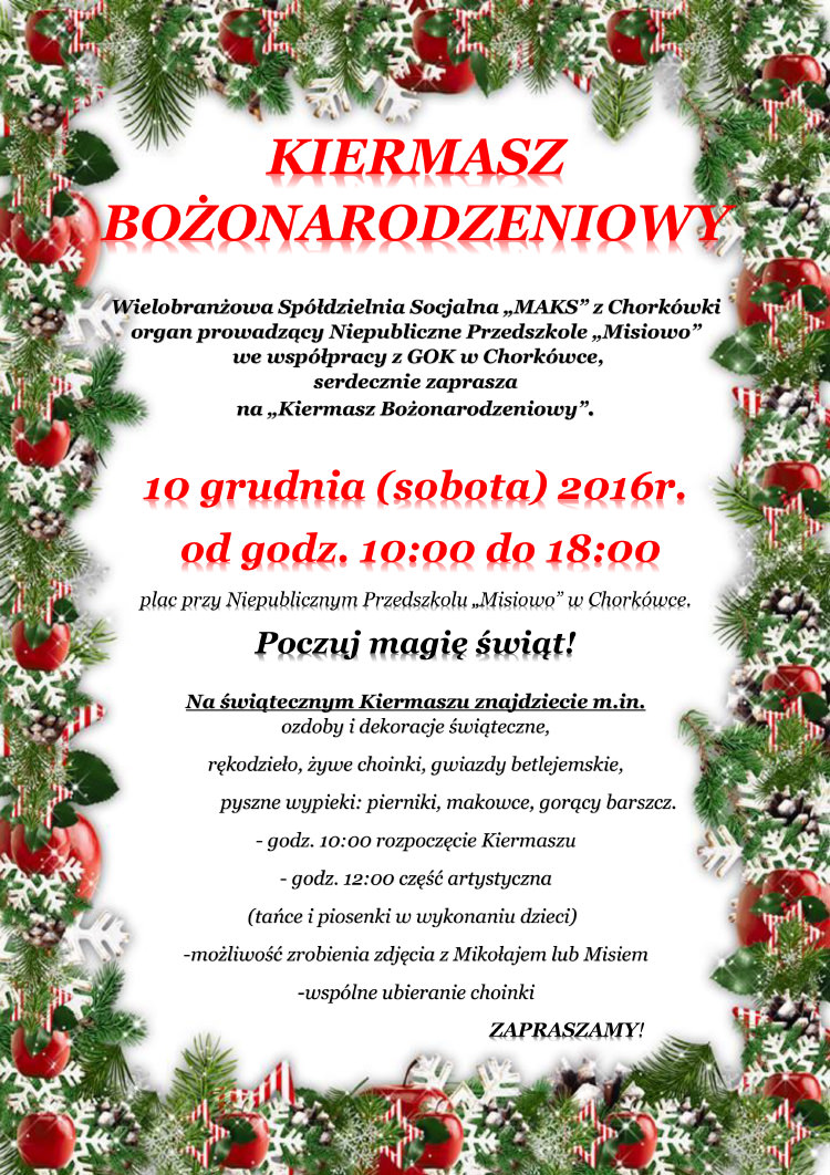 W sobotę Kiermasz Bożonarodzeniowy w Chorkówce W sobotę Kiermasz Bożonarodzeniowy w Chorkówce