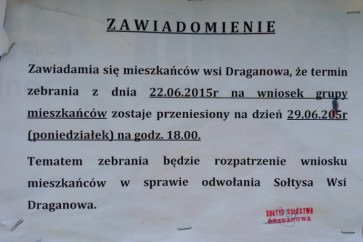 W poniedziałek mieszkańcy Draganowej zdecydują czy odwołają sołtysa