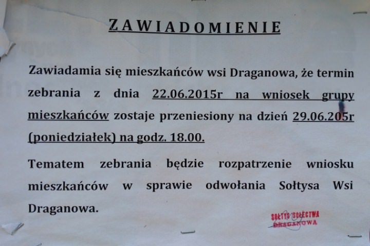 W poniedziałek mieszkańcy Draganowej zdecydują czy odwołają sołtysa W poniedziałek mieszkańcy Draganowej zdecydują czy odwołają sołtysa